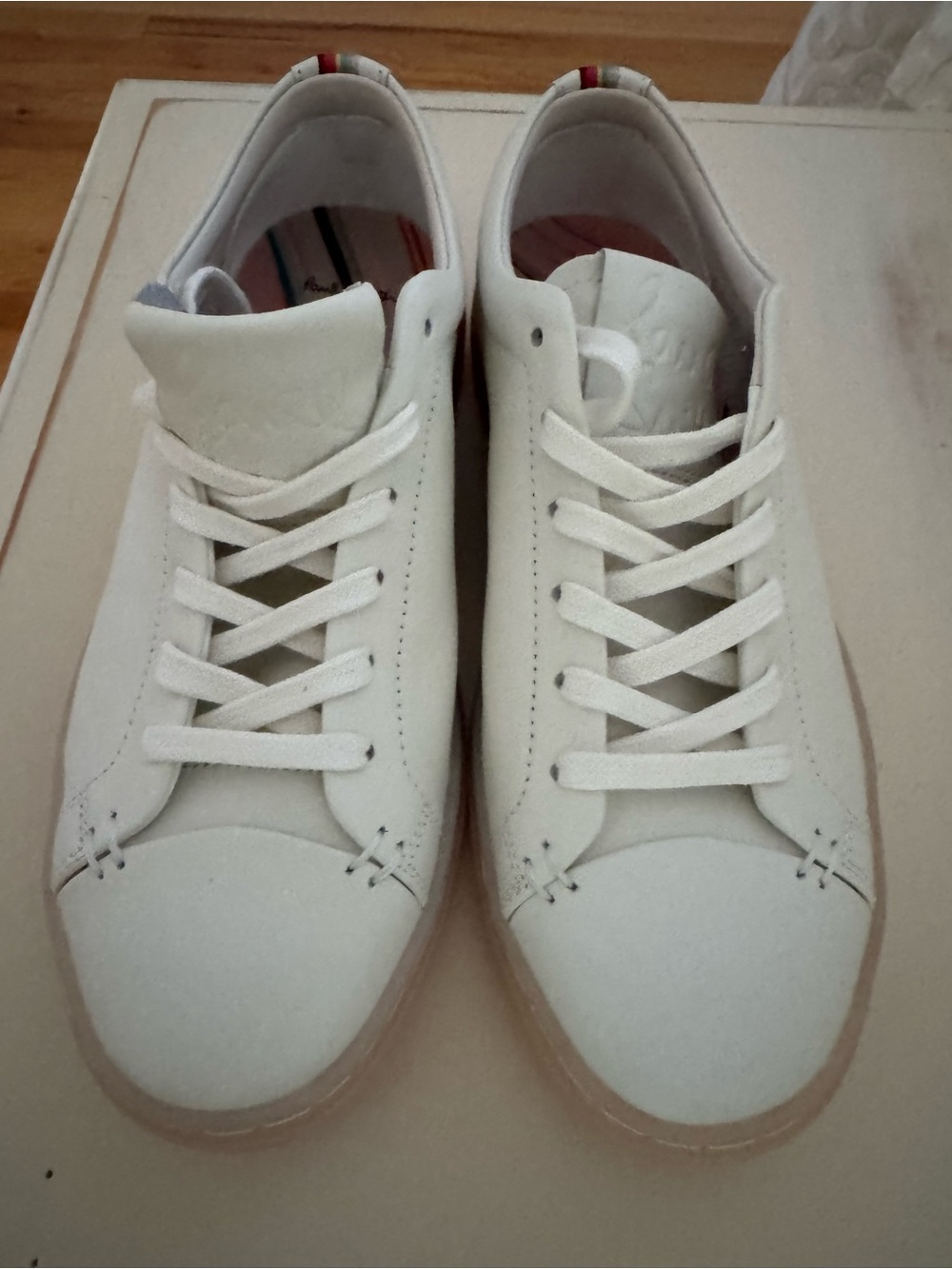 Paul Smith White Leather Sneakers with Subtle Multicolor Heel Stripe